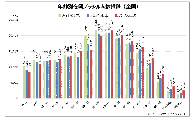 年齢別在留ブラジル人数推移（全国）の表